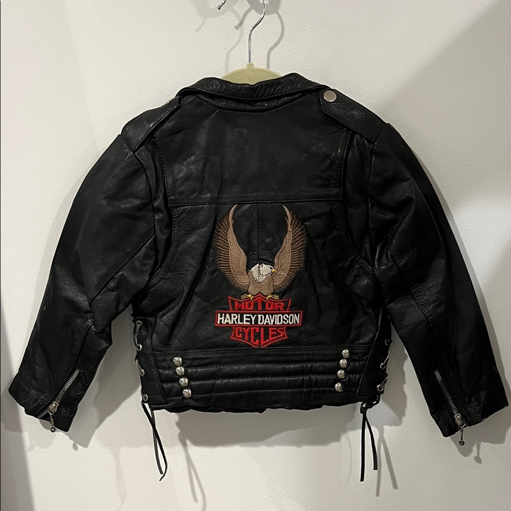 Harley-Davidson vintage Kids Black leather Jacket with Eagle Patch size 4